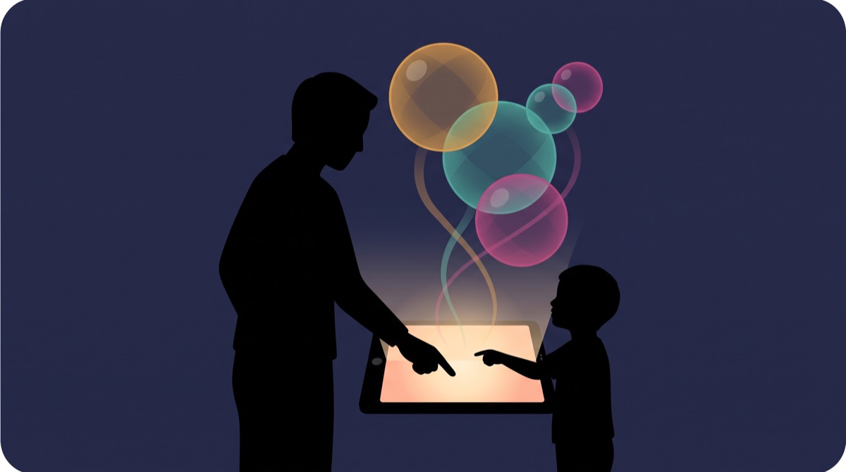 Illustration of a parent and child popping glowing element bubbles on a tablet